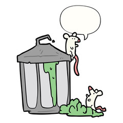 cartoon old metal garbage can and mice and speech bubble