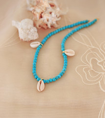necklace with turquoise semi precious stones and shells - summer jewelry advertisement - brown tulle background