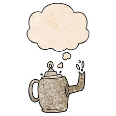 cartoon old kettle and thought bubble in grunge texture pattern style