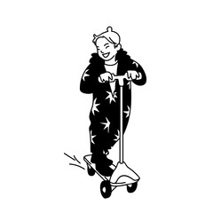 Little girl on a scooter. Front view. Monochrome vector illustration of happy cute girl in jumpsuit with stars riding a scooter in simple line art style isolated on white background. Concept.