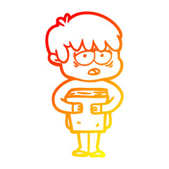 warm gradient line drawing cartoon exhausted boy holding book
