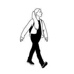 Teenage girl taking a walk, looking far away. Concept. Monochrome vector illustration of cute lonely girl walking somewhere isolated on white background. Hand drawn sketch.