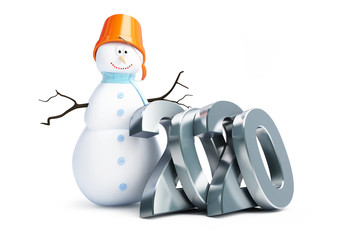 Happy New Year 2020 Merry snowman on a white background 3D illustration, 3D rendering