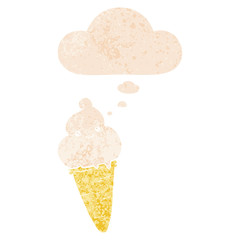 cartoon ice cream and thought bubble in retro textured style