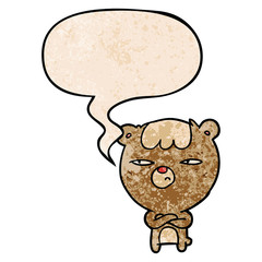 cartoon annoyed bear and arms crossed and speech bubble in retro texture style