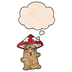 cartoon mushroom character and thought bubble in grunge texture pattern style