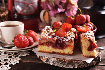 homemade strawberry cake in rustic style