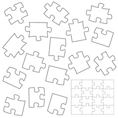 A lot of piece puzzle elements template in flat style. Brainstorming to make puzzles in one piece. Vector