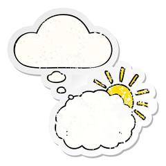 cartoon sun and cloud symbol and thought bubble as a distressed worn sticker