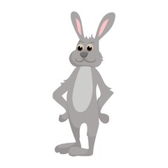 Cartoon cute gray rabbit is standing on white background. Vector