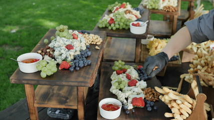 Assorted natural and healthy Organic Cheese Gauda Parmesan Cheder and fruits and nuts for a feast of young Wine