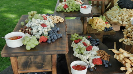 Assorted natural and healthy Organic cheddar cheese Gauda Parmesan and fruit berries and nuts for the feast of young Wine