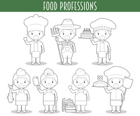 Vector Set of Food Industry Professions for coloring in cartoon style.