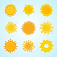 Yellow sun icon collection in flat style. Abstract solar symbol isolated on background. Vector