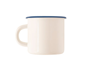 Mockup of camping enamel mug with blue rim isolated on white background