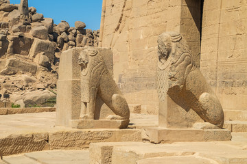 Two Sphinxes guarding the entrance of the Isis temple in Lake Nasser