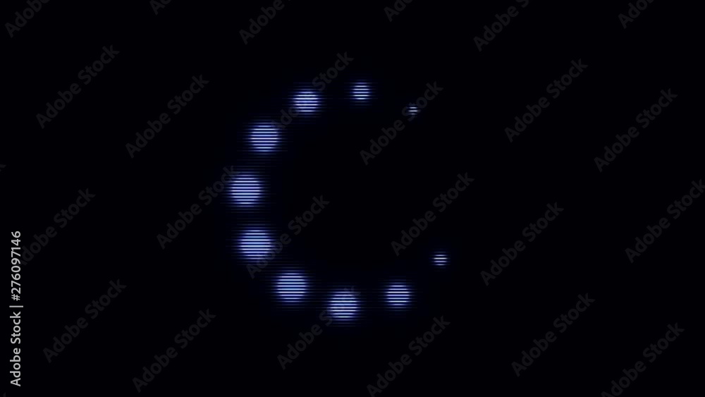 Poster loading blue circle icon of small blinking spheres moving on black background. animation. glowing do