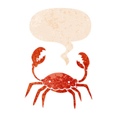 cartoon crab and speech bubble in retro textured style