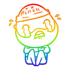 rainbow gradient line drawing cartoon bearded man crying