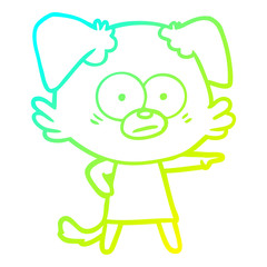 cold gradient line drawing nervous cartoon dog in dress pointing