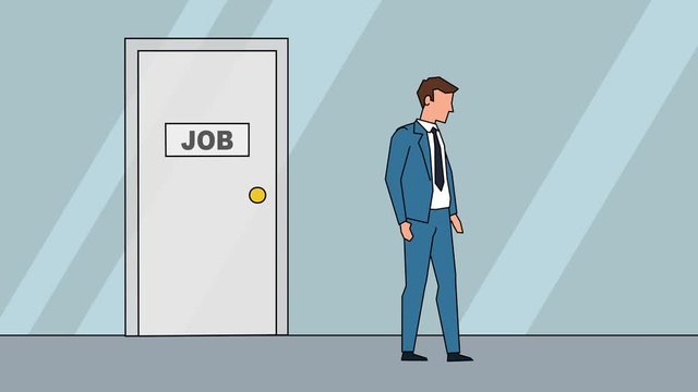 Flat cartoon businessman character  kicked out of work door business concept animation
