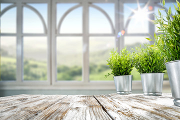 White wooden window with summer landscape and small green plant on white wooden table 