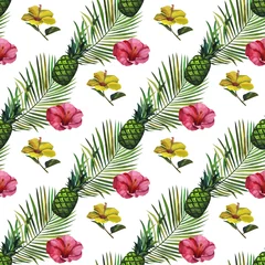 Foto op Plexiglas Watercolor pattern with tropical palm leaves, bananas, pineapples, flowers. Seamless pattern © Artmirei