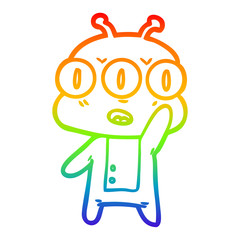 rainbow gradient line drawing cartoon three eyed alien waving