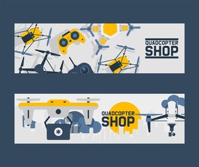 Air drones shop banner, quadrocopters and remote control drones wireless flight aerial robot vector illustration. Fly innovation camera gadget. Professional rotor security quadcopter.