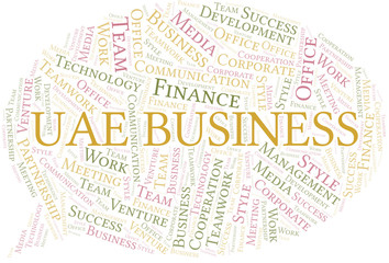 Uae Business word cloud. Collage made with text only.