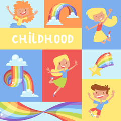 Rainbow jumping kids childhood poster bright colorful sky graphic child weather vector illustration. Spectrum curve fantasy kids beautiful art clouds background. Sweet baby magic holographic rain bow.