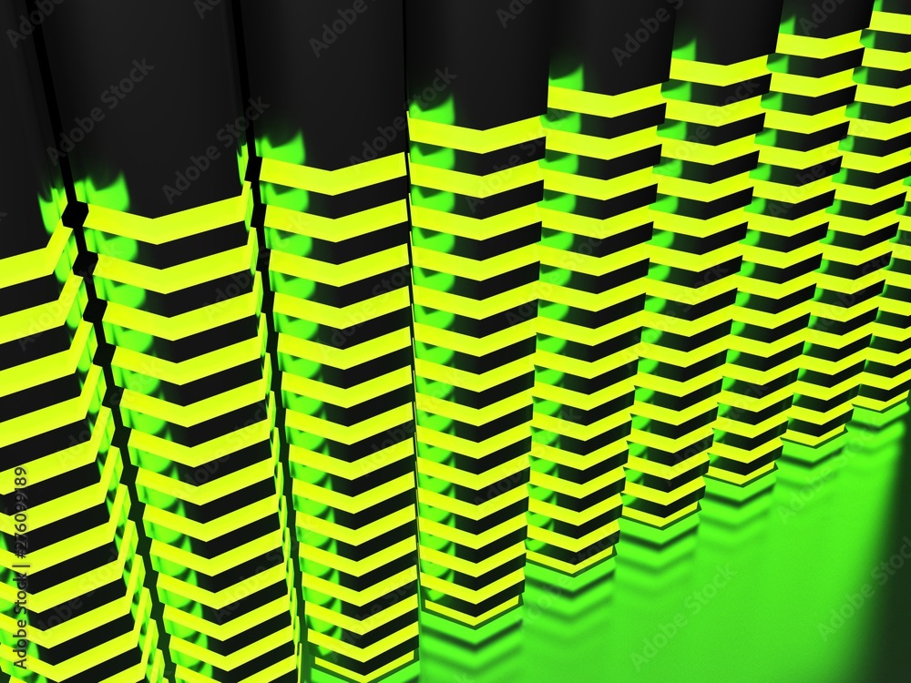 Poster abstract background with hexagonal green lighted bars - 3d rendering illustration