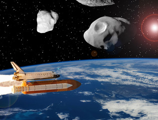 Rocket and asteroids above earth. The elements of this image furnished by NASA.