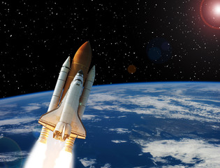 Rocket above earth. Stars and outer space. The elements of this image furnished by NASA.