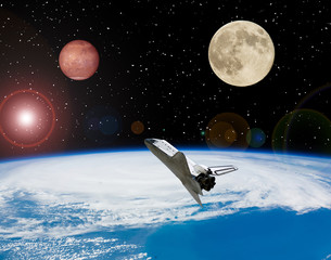 Moon and Mars in outer space. Spaceship goes anywhere. Space concept. The elements of this image...