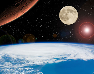 Moon and Mars in outer space. Space concept. The elements of this image furnished by NASA.