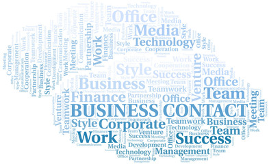 Business Contact word cloud. Collage made with text only.