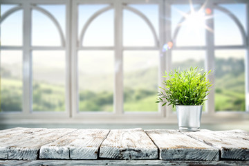 White wooden window with summer landscape and small green plant on white wooden table 