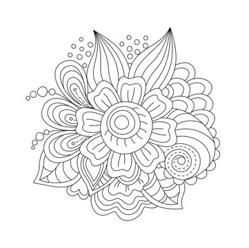 Zentangle flowers coloring page for adults and children, graphic flowers and leaves, abstract graphic, white-black color.