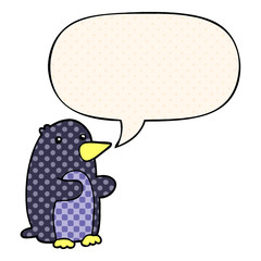 cartoon penguin and speech bubble in comic book style