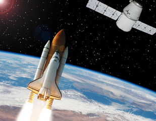 Asteroids above the earth. Spaceship in outer space. The elements of this image furnished by NASA.