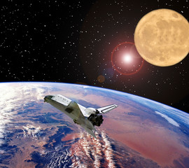 Spaceship and moon. Earth on the backdrop. The elements of this image furnished by NASA.