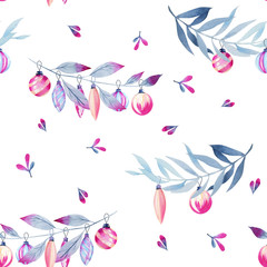 Watercolor winter blue braches and Christmas decorations seamless pattern, hand drawn on a white background © nastyasklyarova