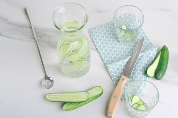 Process of preparing water with cucumber, refreshing beverage 