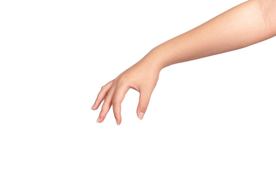 Woman hand gesturing isolated on white background.