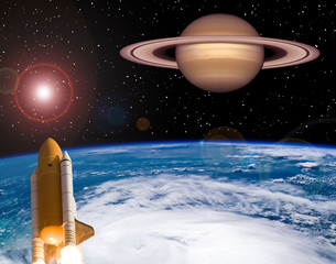 Rocket and saturn above earth. Outer space. The elements of this image furnished by NASA.
