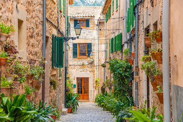 Street of Valldemossa old mediterranean village, landmark of Majorca, Spain island