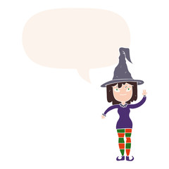 cartoon witch and speech bubble in retro style