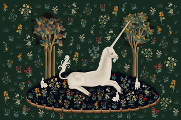 Unicorn rest illustration, poster, card in medieval tapestries style - 276100995