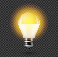 Vector image of a light bulb. Realistic 3d object on a transparent background. The effect of light. The symbol of creativity and ideas.